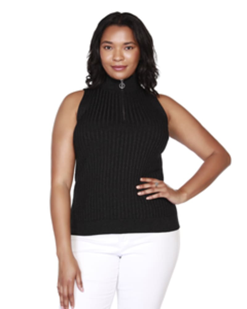 Front of a model wearing a size 1X June Mock-Neck Zip Sweater in Black/Black/Silver by Belldini Black Label. | dia_product_style_image_id:246125